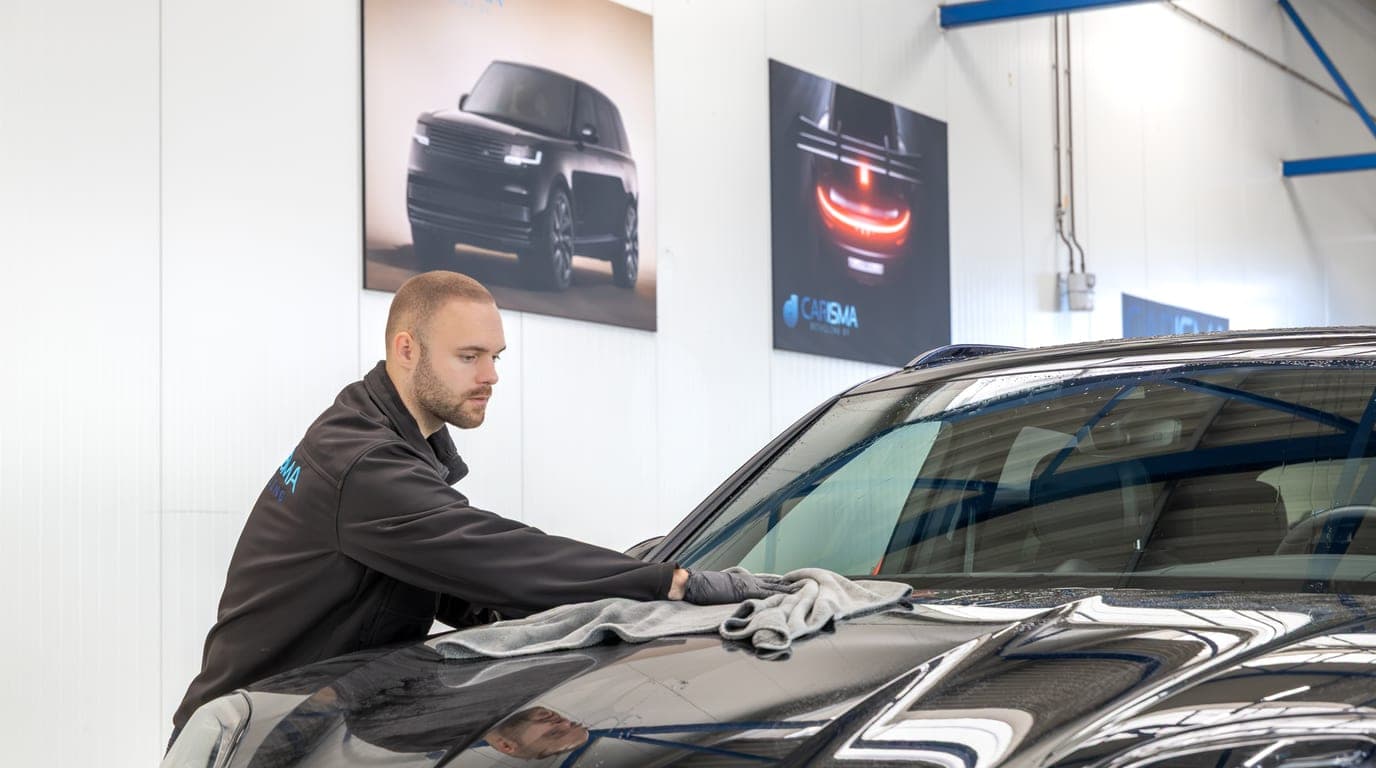 Een medewerker wrijft met een microvezeldoek de motorkap van een zwarte auto droog